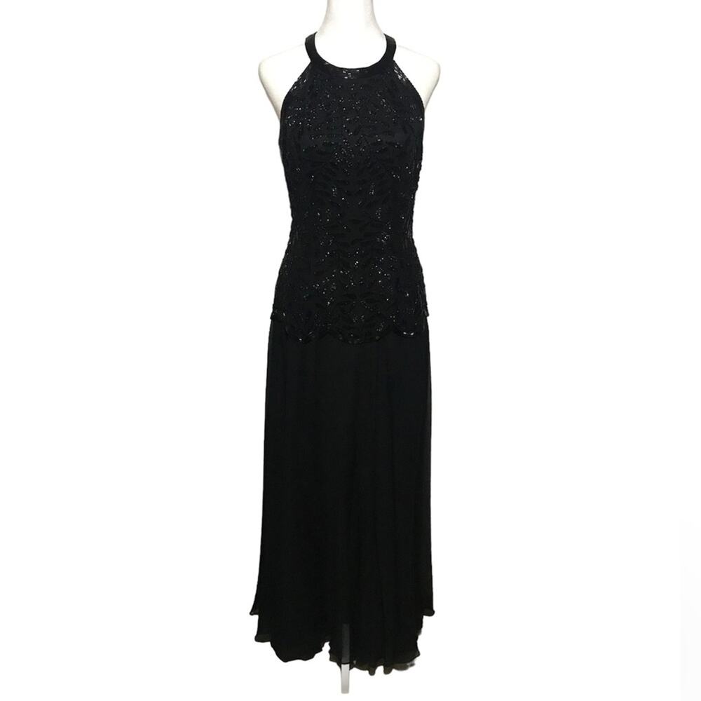 Vintage Precious Formals 100% Silk Beaded Strappy Formal Gown Dress Black Size 8